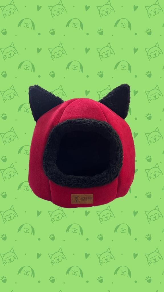 Kedi Kulaklı Yuva Yatak Kırmızı Kumaş Siyah Peluş Kombin